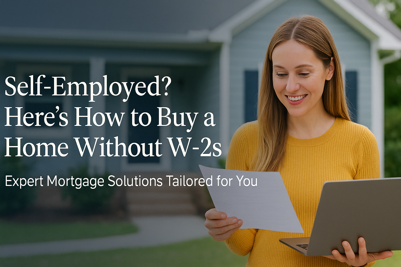 Smiling self-employed woman holding a document and laptop in front of her new home with blog title text overlay: “Self-Employed? Here's How to Buy a Home Without W-2s.”