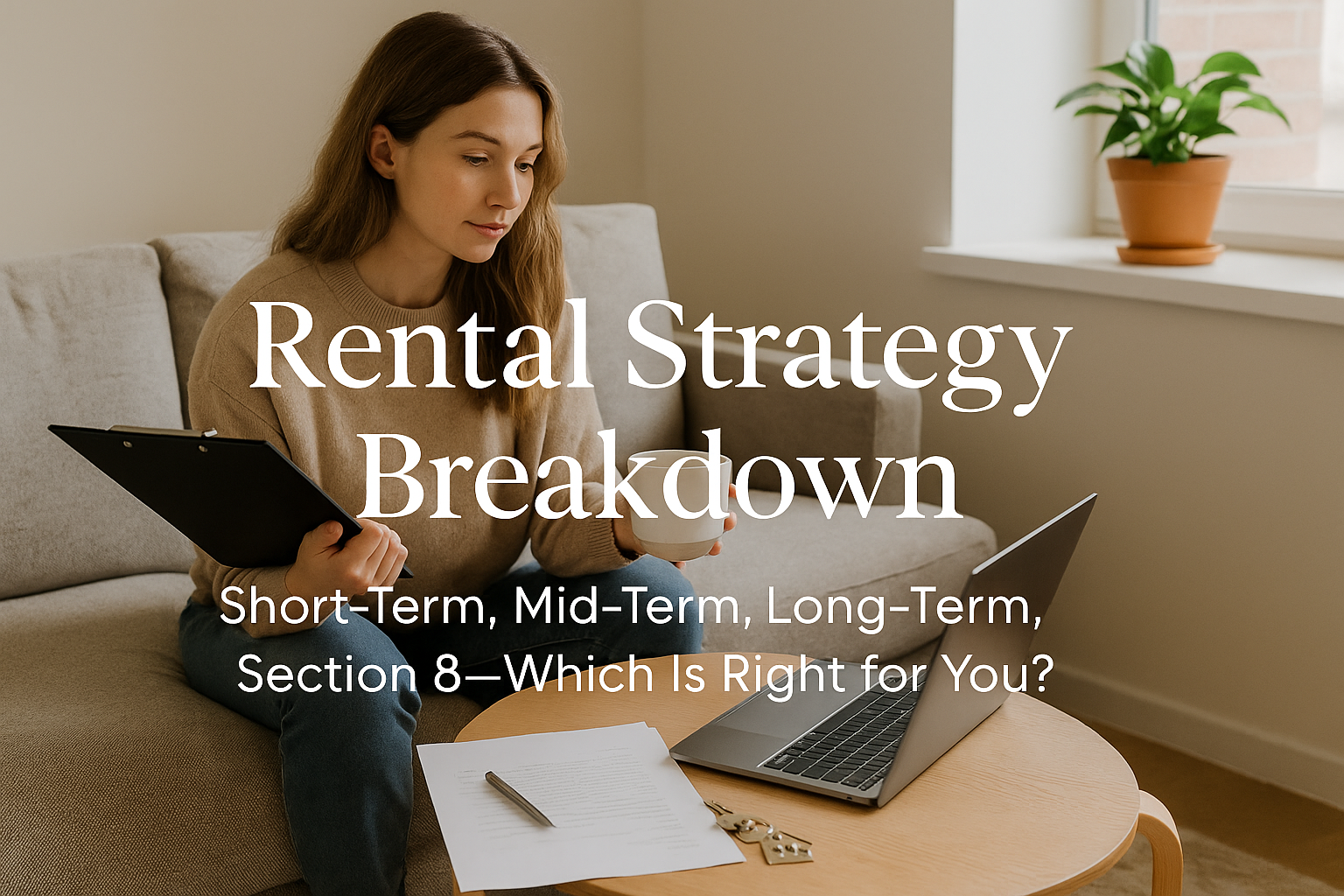 Young woman sitting on a couch with a clipboard and coffee, reviewing rental property numbers on a laptop in a cozy, minimalist living room — used as a blog banner for a post about different real estate rental strategies.